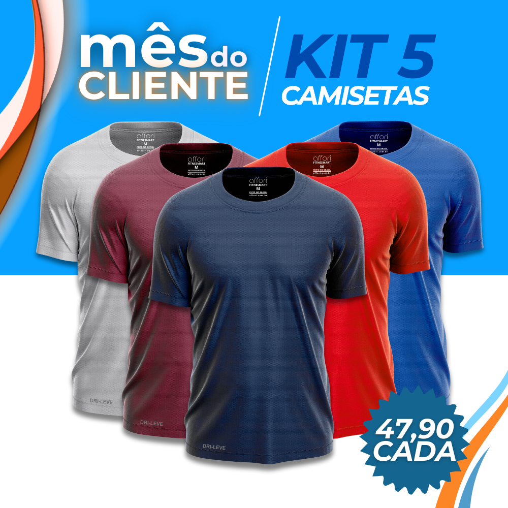 Kit 5 Camisetas Tecnológicas Masculinas FitneSmart - Mês do Cliente