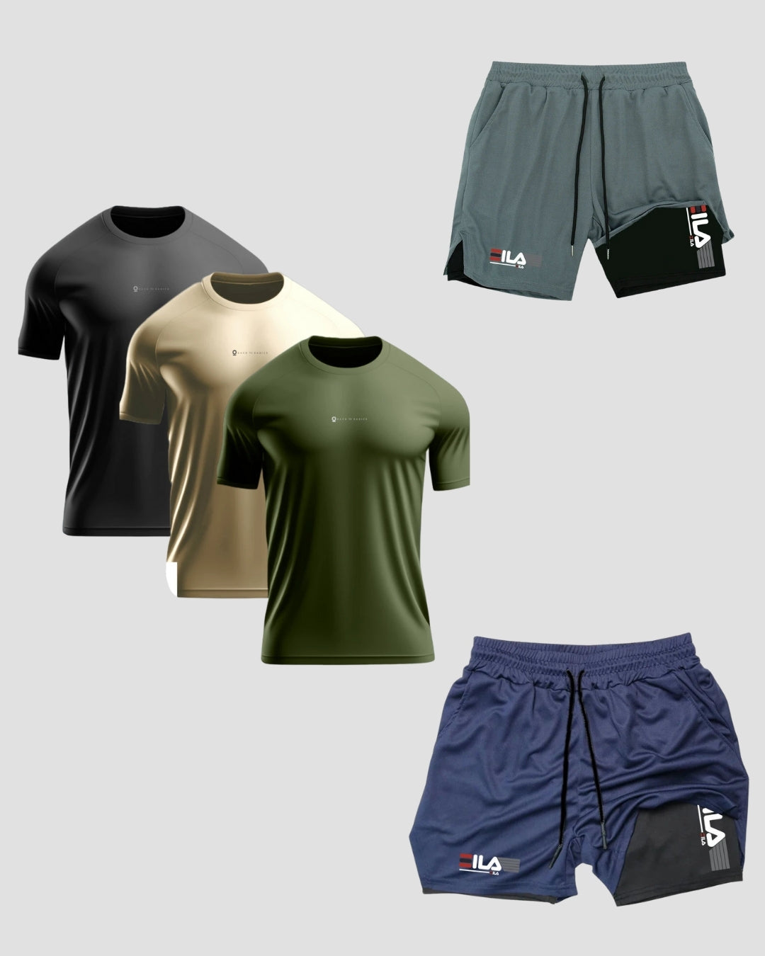 Kit 5 Peças Dry Fit: 3 Camisetas + 2 Bermudas
