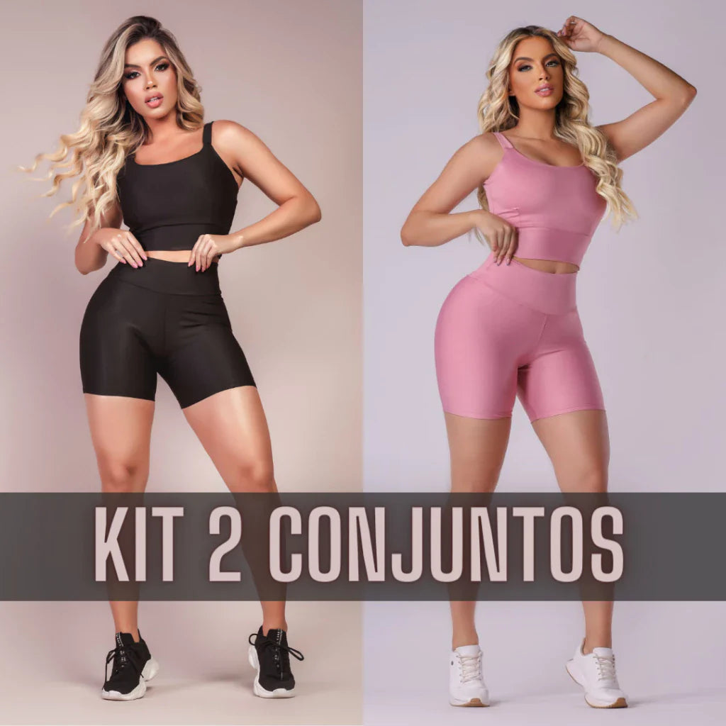 Kit 2 Conjuntos Fitness Short e Cropped - Conjunto Academia Cintura Alta