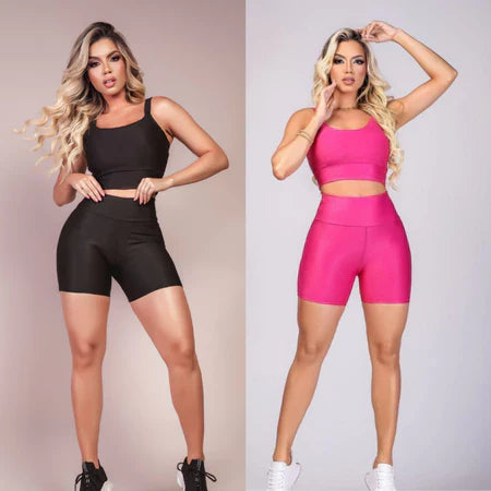 Kit 2 Conjuntos Fitness Short e Cropped - Conjunto Academia Cintura Alta