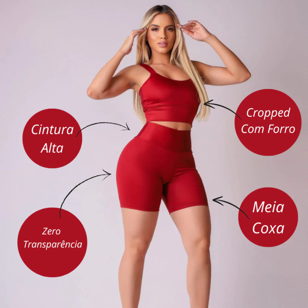 Kit 2 Conjuntos Fitness Short e Cropped - Conjunto Academia Cintura Alta