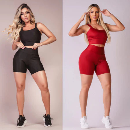 Kit 2 Conjuntos Fitness Short e Cropped - Conjunto Academia Cintura Alta