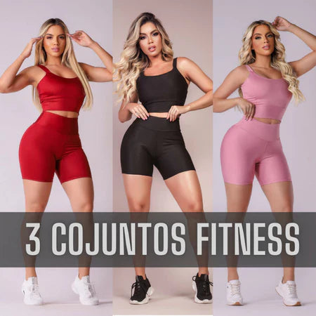 KIT 3 CONJUNTOS FINTESS SHORT E CROPPED - CONJUNTO ACADEMIA CINTURA ALTA