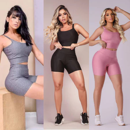 KIT 3 CONJUNTOS FINTESS SHORT E CROPPED - CONJUNTO ACADEMIA CINTURA ALTA