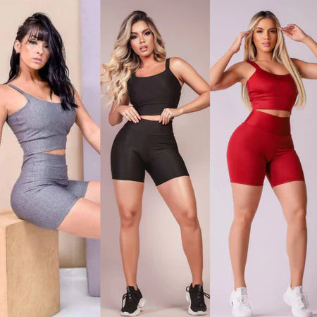 KIT 3 CONJUNTOS FINTESS SHORT E CROPPED - CONJUNTO ACADEMIA CINTURA ALTA