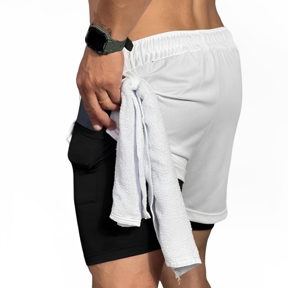 Short 2 em 1 Dry Fit Forrado Bermuda Academia Masculina Corrida Treino Com Elastano