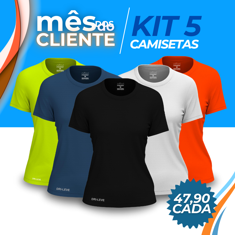 Kit 5 Camisetas Tecnológicas Femininas Fitnesmart - Mês do Cliente