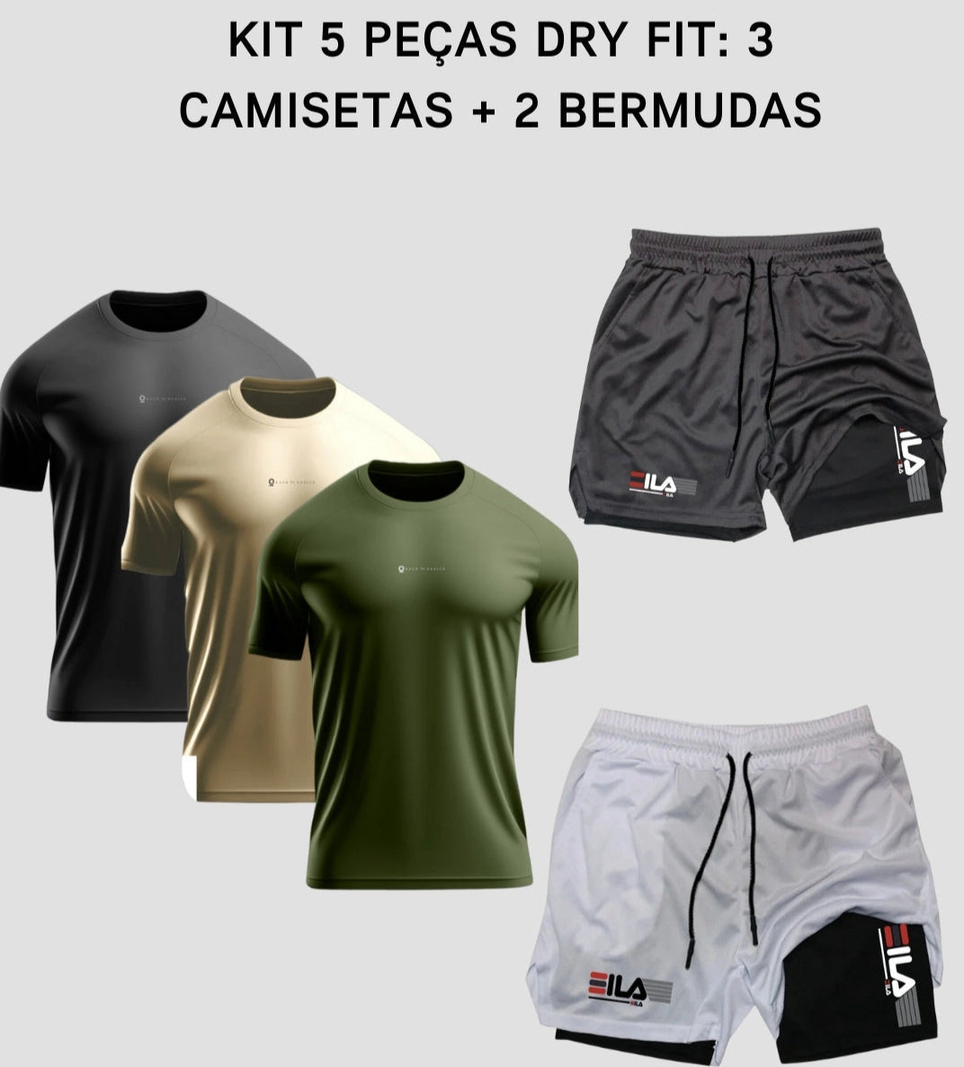 Kit 5 Peças Dry Fit: 3 Camisetas + 2 Bermudas