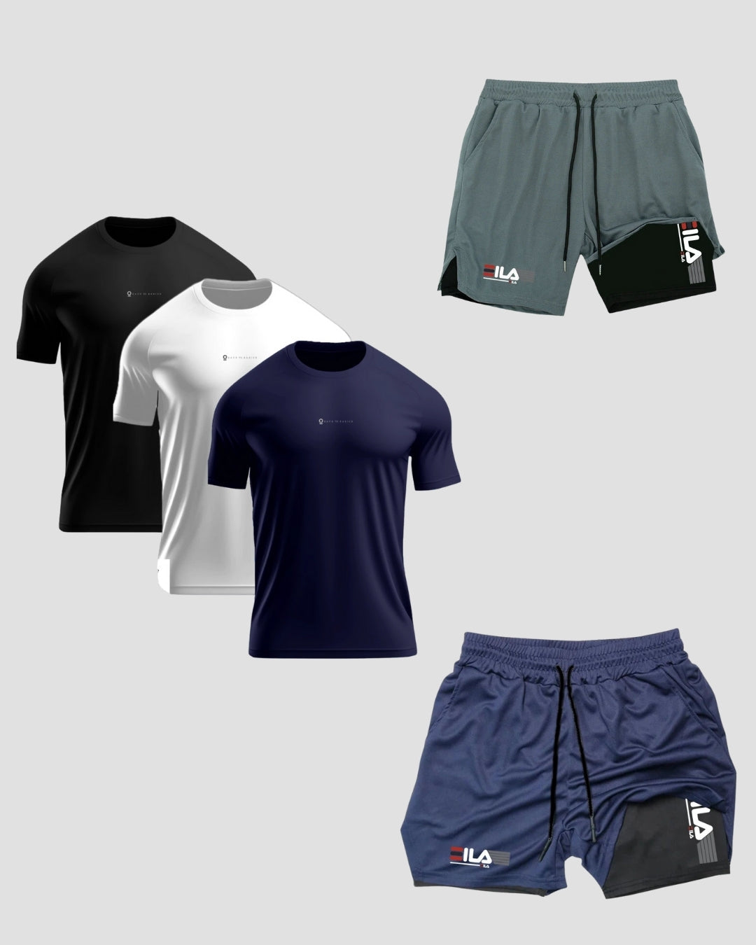 Kit 5 Peças Dry Fit: 3 Camisetas + 2 Bermudas