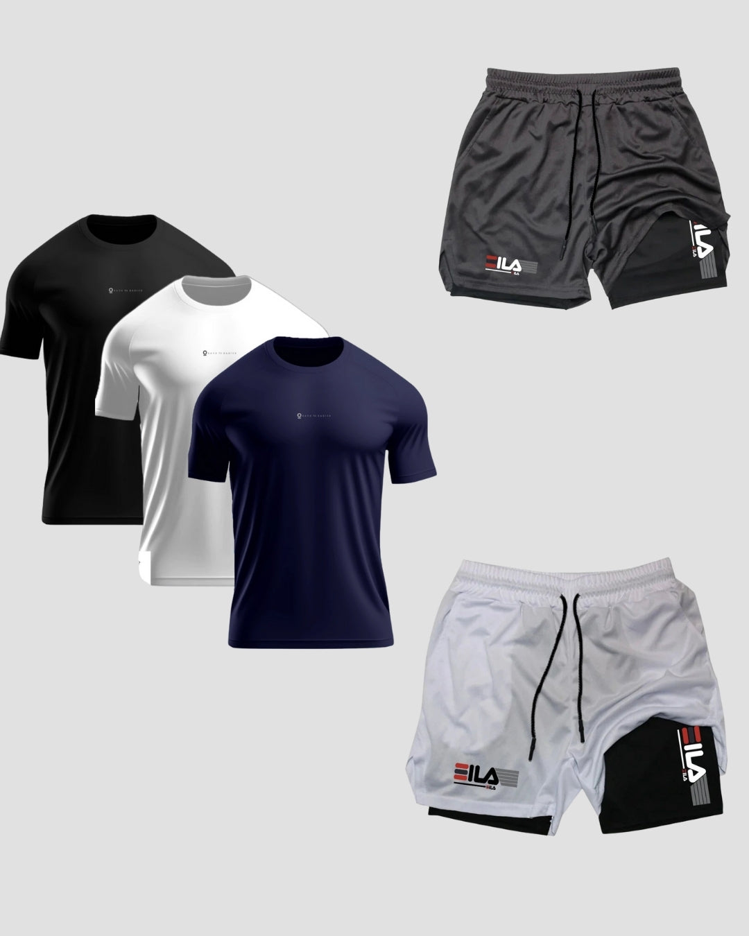 Kit 5 Peças Dry Fit: 3 Camisetas + 2 Bermudas