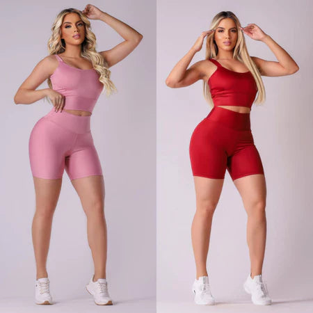 Kit 2 Conjuntos Fitness Short e Cropped - Conjunto Academia Cintura Alta