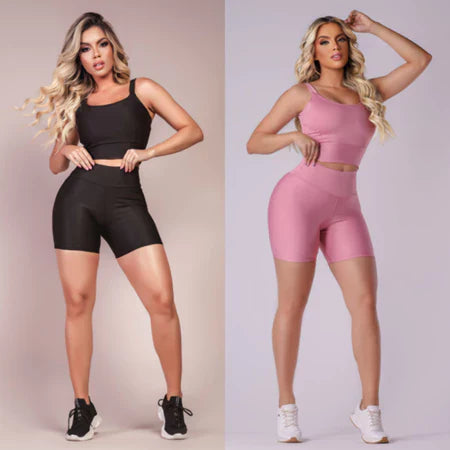 Kit 2 Conjuntos Fitness Short e Cropped - Conjunto Academia Cintura Alta