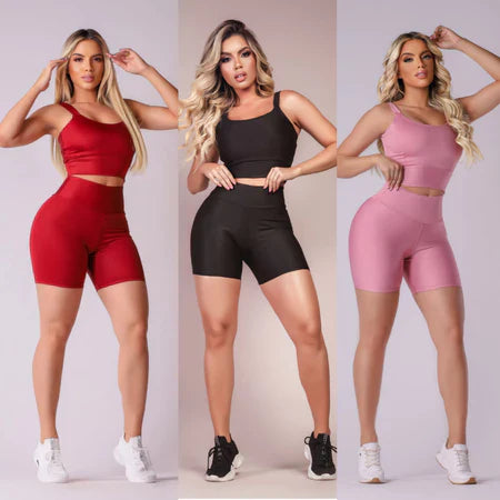 KIT 3 CONJUNTOS FINTESS SHORT E CROPPED - CONJUNTO ACADEMIA CINTURA ALTA