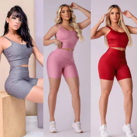 KIT 3 CONJUNTOS FINTESS SHORT E CROPPED - CONJUNTO ACADEMIA CINTURA ALTA