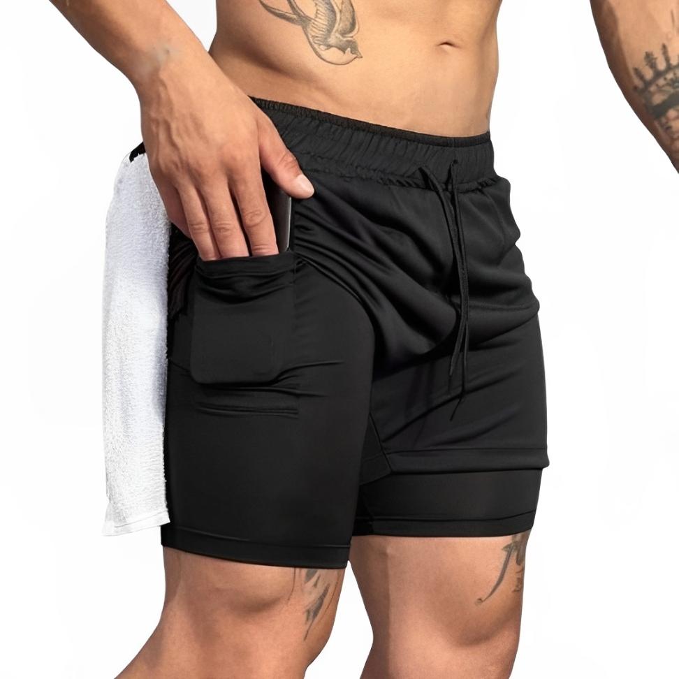 Short 2 em 1 Dry Fit Forrado Bermuda Academia Masculina Corrida Treino Com Elastano