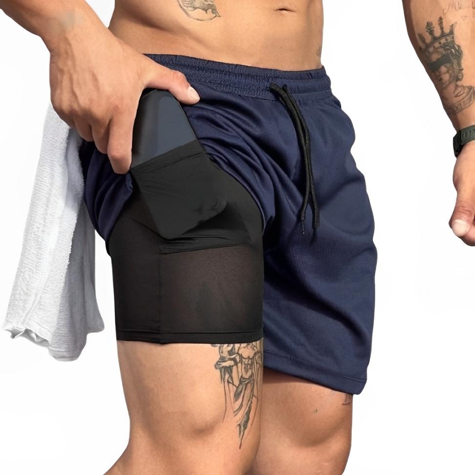 Short 2 em 1 Dry Fit Forrado Bermuda Academia Masculina Corrida Treino Com Elastano